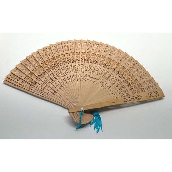 Vintage Handheld Wooden Folding Fan Die Cut Intricate Floral Design Blue Tassel - Picture 6 of 8